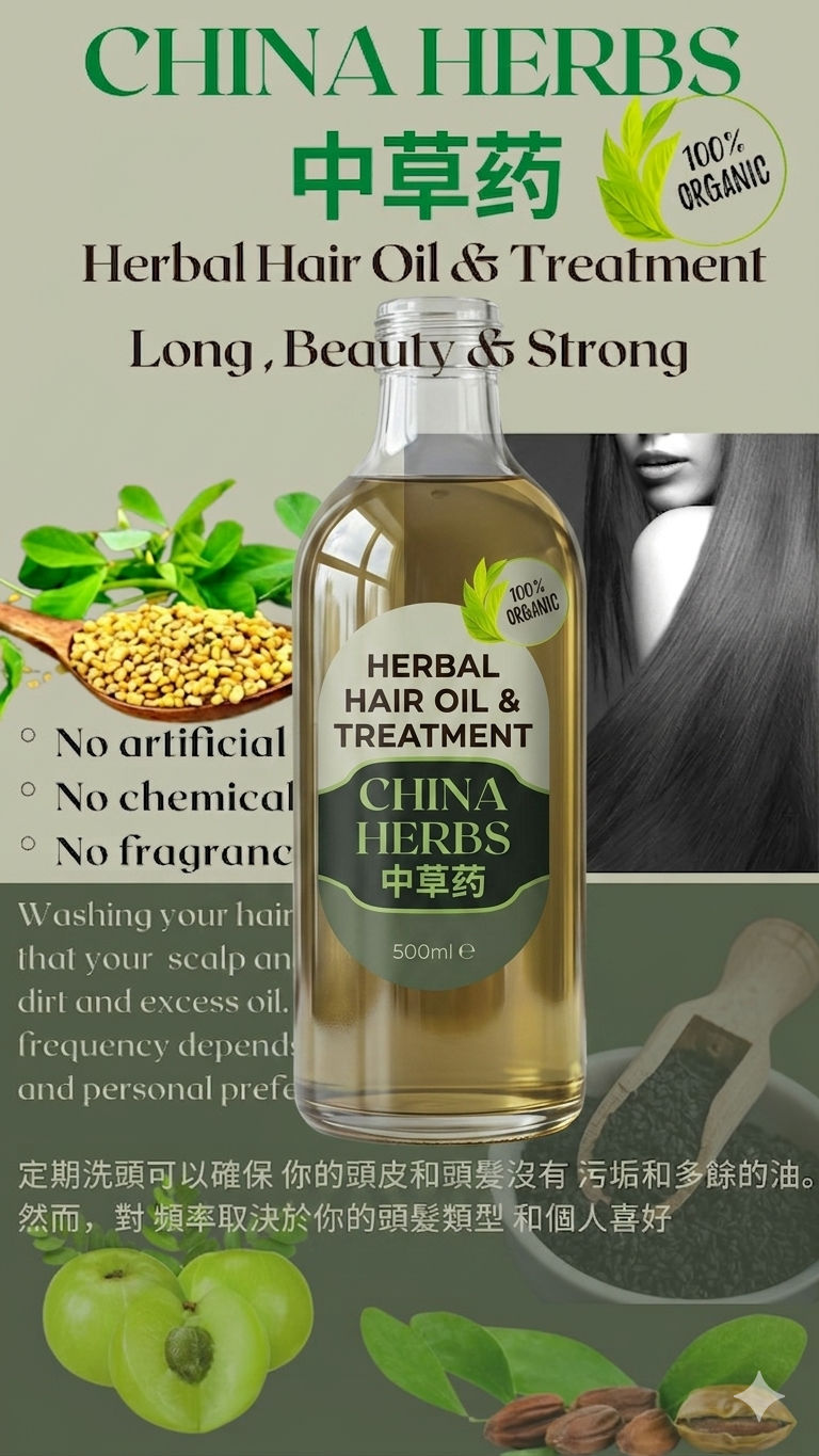 Chinese herbal hair treatment oil , No chemical | No fragrance  | 中草本護髮油 , 不含化學成分 | 無香料